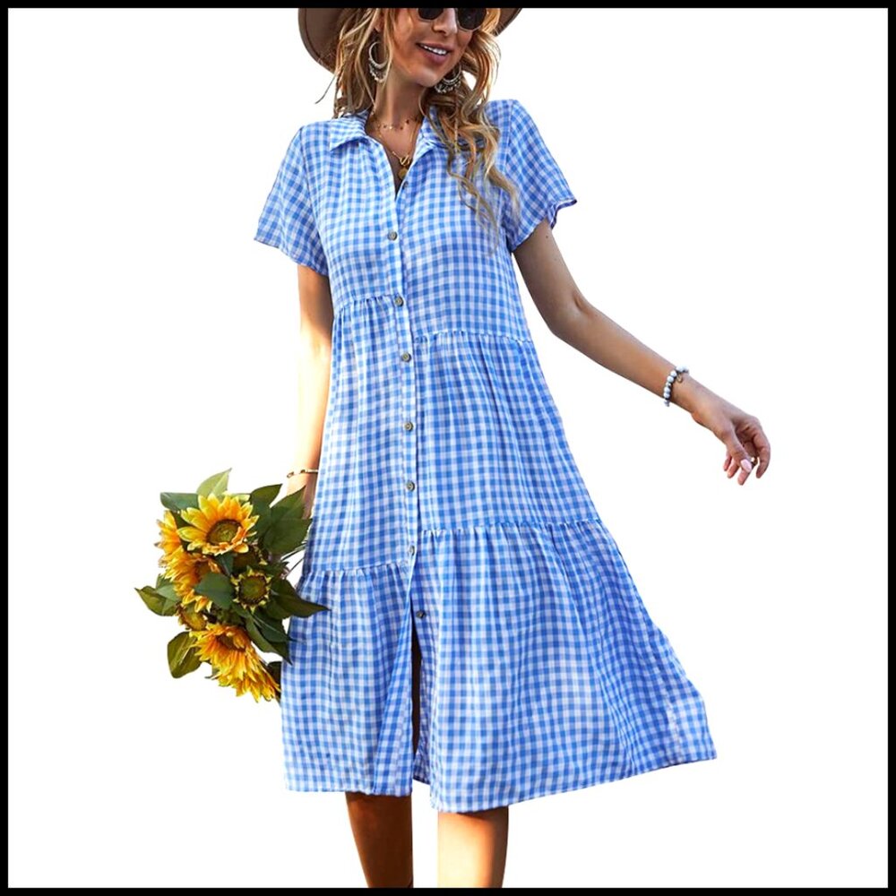 Summer Flutter Sleeve Midi Gingham Button Down Shirt Dress